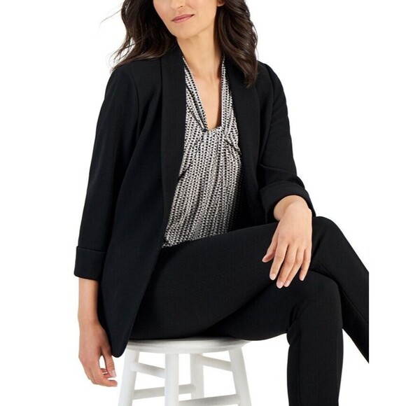 Kasper Women's Crosshatch Shawl-Collar Open-Front Jacket Work Blazer Black PS - Picture 2 of 7